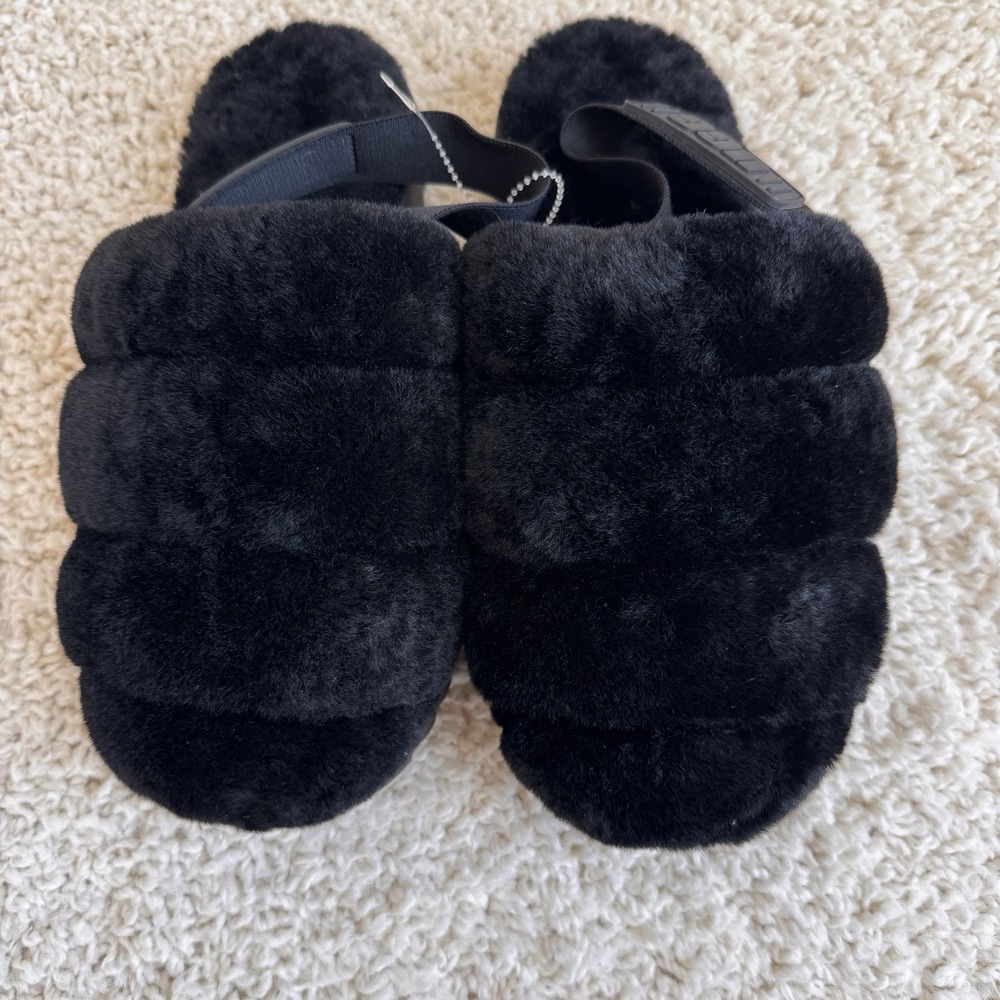 UGG Fluffita Slide Sandals Women 8 Black Like New Sheepskin Platform 1121751